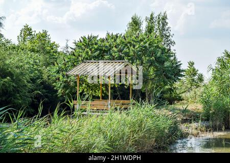 Laube am Ufer des Teiches. Ruhestätte auf die Natur des Wassers. Stockfoto