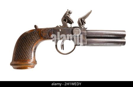 Doppellauf-Flintlock-Pistole, 1700. Marinemuseum von Madrid, Spanien Stockfoto