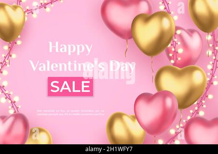 Valentinstags-Verkaufsposter mit Herzballons und Girlande-Lichtern. 3d realistische Liebe Urlaub rosa und goldene Herzen, Rabatt Vektor-Banner Stock Vektor
