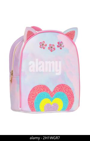 Nahaufnahme eines bunten leuchtend rosa roten bequemen Schulrucksack isoliert auf weißem Hintergrund. Konzept zurück in die Schule. Für Text platzieren. Makro. Stockfoto
