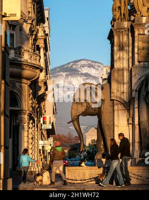 FRANKREICH. SAVOIE (73). CHAMBERY. FONTAINE DES ELEPHANTS, BAPTIZEE ' LES QUATRE-SANS-CUL ' PAR LES HABITANTS Stockfoto