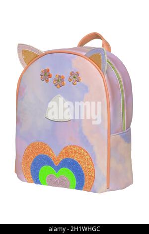 Nahaufnahme eines bunten leuchtend rosa roten bequemen Schulrucksack isoliert auf weißem Hintergrund. Konzept zurück in die Schule. Für Text platzieren. Makro. Stockfoto