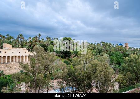 ELCHE, SPANIEN - 29. DEZEMBER 2018: Blick auf den Palmenhain und den Vinalopo-Fluss in der Stadt Elche, Provinz Alicante, Spanien Stockfoto