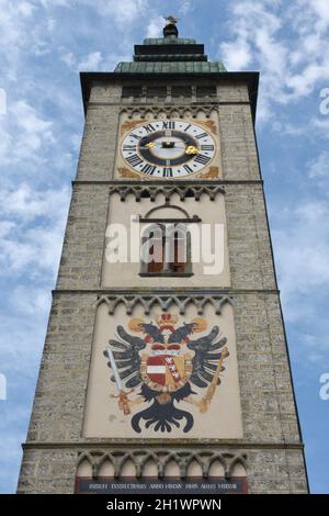 Stadtturm und Stadtplatz von Enns, Oberösterreich, Österreich, Europa - Stadtturm und Stadtplatz von Enns, Oberösterreich, Österreich, Europa Stockfoto