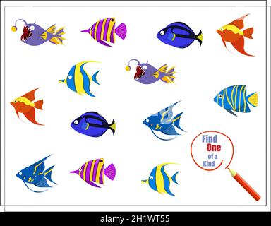 Cartoon Illustration des Lernspiels Finden Sie ein einzigartiges Bild. Cartoon Fisch. Vektor Stock Vektor