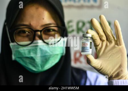 Soppeng, Indonesien. Oktober 2021. Ein Gesundheitshelfer zeigt der Öffentlichkeit eine Flasche des Impfstoffes Moderna covid 19. Zuvor hatten Gesundheitshelfer diesen Impfstoff als Auffrischimpfstoff erhalten.Moderna ist für Bewohner gedacht, die die Impfstoffe Sinovac und AstraZeneca nicht erhalten können. Die indonesische Regierung hat über das Gesundheitsministerium 5,102,300 Dosen des Moderna-Impfstoffs für die Covid-19-Impfung in 34 Provinzen bereitgestellt. (Foto von Moch Farabi Wardana/Pacific Press) Quelle: Pacific Press Media Production Corp./Alamy Live News Stockfoto