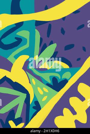 50s Art Poster mit Formen und Malerei Touch. Moderne Linienfarbe und Design mit Blattblume und mehreren abstrakten Formen. Abstrakte Natur Malerei fo Stockfoto