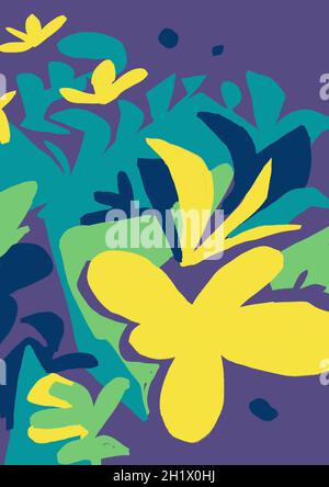 Ausgeschnittene Papiermalerei mit flachem Design und Blume. Trendige Formen und Design mit matisse-Inspiration. Exotische Farbe mit Natur und Blatt. Stockfoto