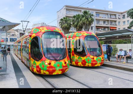 Montpellier, Frankreich - 24. Mai 2015: Tram Tramway de Montpellier öffentliche Verkehrsmittel in Montpellier, Frankreich. Stockfoto