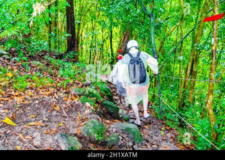 Touristen in regen Poncho und Helm Wanderungen in tropischen Dschungel Wald Wanderweg und Pfad auf Koh Samui in Surat Thani Thailand. Stockfoto