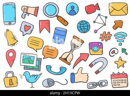 Social-Media-Technologie-Konzept Doodle handgezeichnete Set-Kollektionen mit flachen Umriss Stil Vektor-Illustration Stockfoto