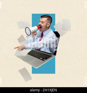 Zeitgenössische Kunstcollage mit einem Geschäftsmann, der vom Laptop aus auftaucht und schreit. Fristen Stockfoto