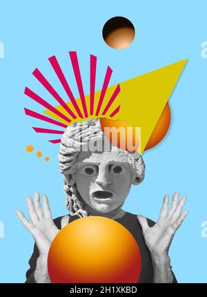 Zeitgenössische digitale Collage aus überraschendem Kopf der Statue im Pop-Art-Stil Stockfoto