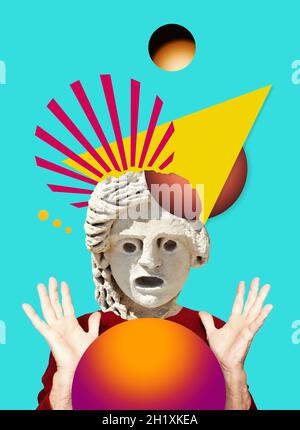 Zeitgenössische digitale Collage aus überraschendem Kopf der Statue im Pop-Art-Stil Stockfoto