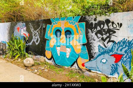 Playa del Carmen Mexiko 04. April 2021 künstlerische Wände mit Gemälden und Graffiti in Playa del Carmen Quintana Roo Mexiko. Stockfoto