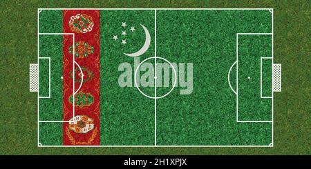 Draufsicht auf Green Grass Fußballplatz mit Flagge von Turkmenistan. Fußball Hintergrund. 3d-Abbildung, Stockfoto