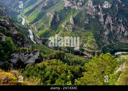 LOZERE (48). „UZGITANIEN“. GRANDES CAUSSES. DIE SCHLUCHTEN DES TARN. AUSSICHTSPUNKT VOM BALKON DER CAUSSE MEJEAN. DAS PANORAMA DES ROC DES HOURTOUS ÜBERBLICKT DIE Stockfoto