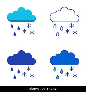Wolke mit Regen und Schnee Symbol in flach und Linie Stil gesetzt. Niederschlagsymbol. Vektorgrafik. Stock Vektor
