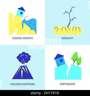 Symbol für Ökologie und Klimawandel in flachem Stil. Vulkanausbruch, Küstenerosion, Erdbeben und Dürre. Vektorgrafik. Stock Vektor