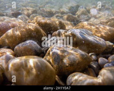 Kieselsteine steinigen unter der Wasseroberfläche in der Nähe des Seeufers, natürliche Szene, Nahaufnahme Stockfoto