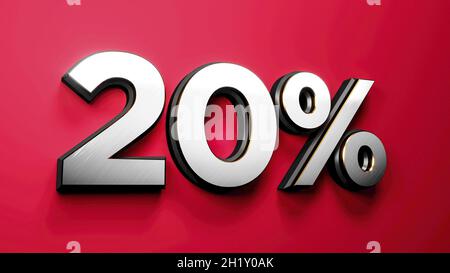 Silber Gold 20 % Rabatt auf Schild auf rotem Hintergrund, Sonderangebot 20 % Stockfoto