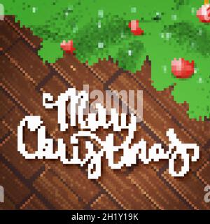 Schöne frohe Weihnachtskarte mit Tannenbaum und Kugeln. Stock Vektor