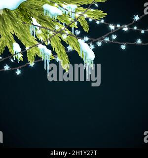 Fröhliches Weihnachts-Poster mit realistischen Tannenbäumen, Schnee, Eiszapfen und weihnachtslichtern. Schöner Winterhintergrund. Vektorgrafik. Stock Vektor