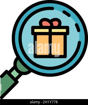 Lupensymbol in Geschenkbox. Umriss Geschenkbox Lupe Vektor Symbol Farbe flach isoliert Stock Vektor