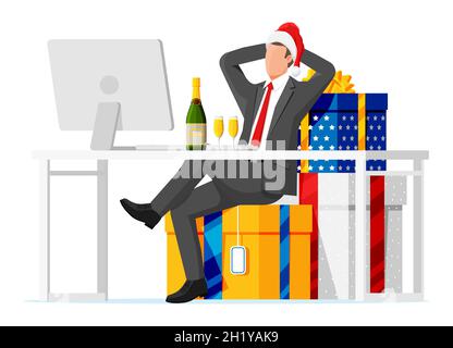 Geschäftsmann in Santa hat und Stapel von Geschenken. Stock Vektor