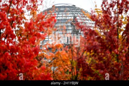 Berlin, Deutschland. Oktober 2021. Rot gefärbte Blätter vor der Reichstagskuppel. Kredit: Britta Pedersen/dpa-Zentralbild/dpa/Alamy Live Nachrichten Stockfoto