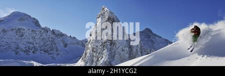 FREERIDE ODER OFF-PISTE SKIFAHREN, ESPACE KILLY, TARENTAISE, ALPEN, TIGNES, SAVOY (73), RHONE-ALPES, FRANKREICH Stockfoto