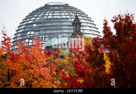 Berlin, Deutschland. Oktober 2021. Verfärbte Blätter vor der Reichstagskuppel. Kredit: Britta Pedersen/dpa-Zentralbild/dpa/Alamy Live Nachrichten Stockfoto