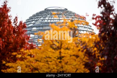 Berlin, Deutschland. Oktober 2021. Verfärbte Blätter vor der Reichstagskuppel. Kredit: Britta Pedersen/dpa-Zentralbild/dpa/Alamy Live Nachrichten Stockfoto