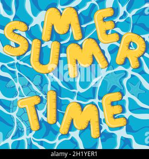 Sommerzeit, aufblasbare Buchstaben, Meeresschildkröte und Seesterne. Sommer Vektor Meer Hintergrund. Stock Vektor