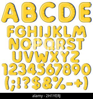 Aufblasbares Alphabet, Buchstaben, Zahlen und Zeichen. Satz farbiger isolierter Vektorobjekte auf weißem Hintergrund. Stock Vektor