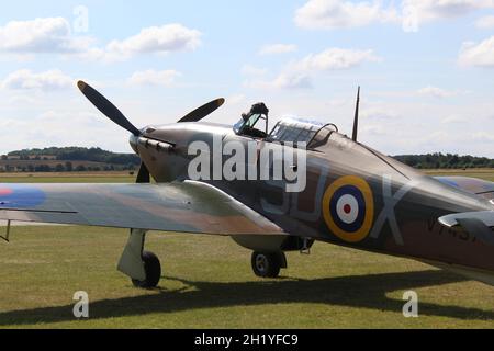 Restaurierter Hawker-Sturmflug V7497 auf dem Flugplatz Duxford, Cambridgeshire Stockfoto