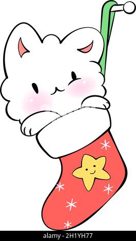 Weihnachten Kawaii Katze mit Socken. Feiertagsstimmung. Vektoraufkleber für Messenger Stock Vektor