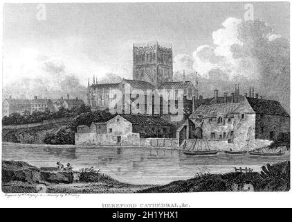 Ein Stich der Hereford Cathedral, der in hoher Auflösung von einem Buch aus dem Jahr 1812 gescannt wurde. Es wird angenommen, dass dieses Bild frei von allen historischen Urheberrechten ist Stockfoto