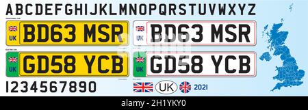 Vereinigtes Königreich Nummernschild neues Design 2021, Zahlen, Schriftzüge und Symbole, Vektor-Illustration Stock Vektor