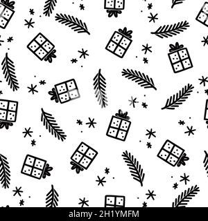 Weihnachtsgeschenkbox Nahtloses Muster. Handgezeichnetes winterweihnachtsmuster im Doodle-Stil. Vektorgrafik. Stock Vektor