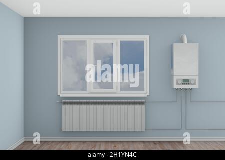 Boiler Gas Heizung Wasser an der Wand. 3D-Illustration Stockfoto