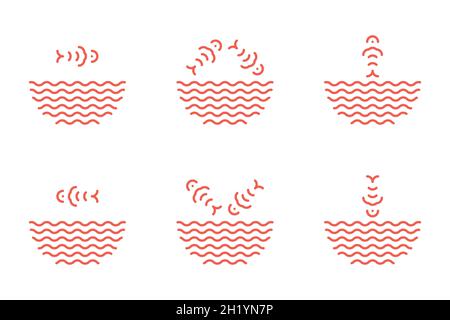 Poke Bowl-Logos im linearen Stil. Fische springen von den Wasserwellen. Fisch Ramen Nudeln Suppenschüssel Symbole Stock Vektor