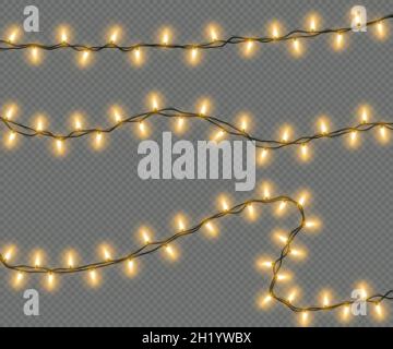 Weihnachtslichter auf transparentem Hintergrund isoliert. Weihnachten elektrische Girlande von gelben Glühbirnen. Leuchtende Lichter für Weihnachtsgrusskarte Stock Vektor