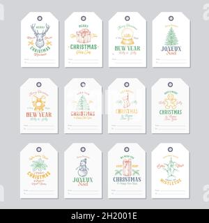 Weihnachten und Neujahr Gebrauchsfertige Geschenkanhänger oder Etiketten Vorlagen Set. Rentier, Holly, Mistelzweig, Schneemann, Kiefer und Geschenkschachtel skizzieren Illustrationen Stock Vektor
