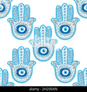 Hamsa-Auge, magisches Auge nahtloses Muster. Magie, Hexerei, okkultes Symbol. Blau weiß goldene Augen. Textil-Stofftapete Stock Vektor