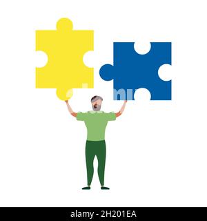 Ein Mann mit Puzzleteilen. Konzept der Arbeit, Bestandteile eines Unternehmens, jedes Unternehmen. Teammetapher. Stock Vektor