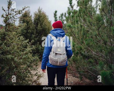 Porträt einer Wanderin in blauem Mantel und rotem Hut mit Wanderstock, der zwischen Wacholderbüschen steht, wolkenverhangener Winterhimmel auf dem Hintergrund. Reise- und Active Lifestyle-Konzept. Stockfoto