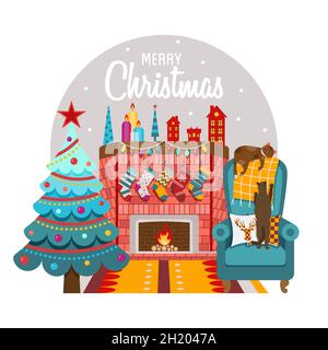 Gemütliche Weihnachten mit Kamin und Katzen Postkarte Stock Vektor