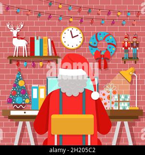 Weihnachtlich dekoriertes Interieur mit Weihnachtsmann auf Laptop Stock Vektor