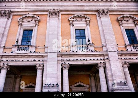 Palazzo Nuovo Kapitolinische Museen kolossale korinthische Pilaster und gewölbte Fenstergiebel mit Muschelmotiv in Rom, Italien. Stockfoto